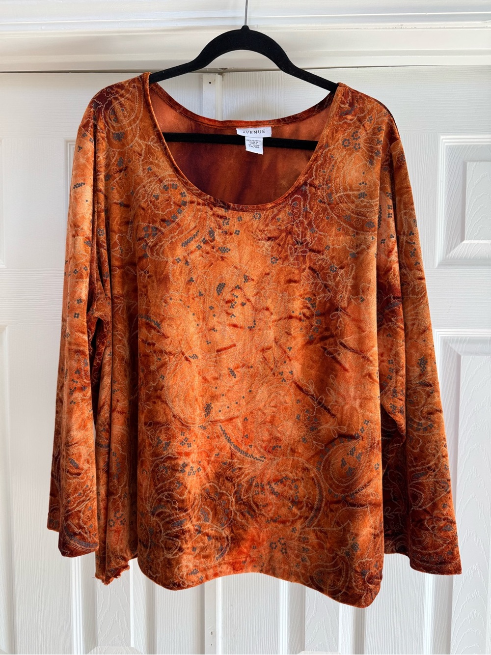 Avenue Burnt Orange Velvet Scoop Neck Long Sleeve Top